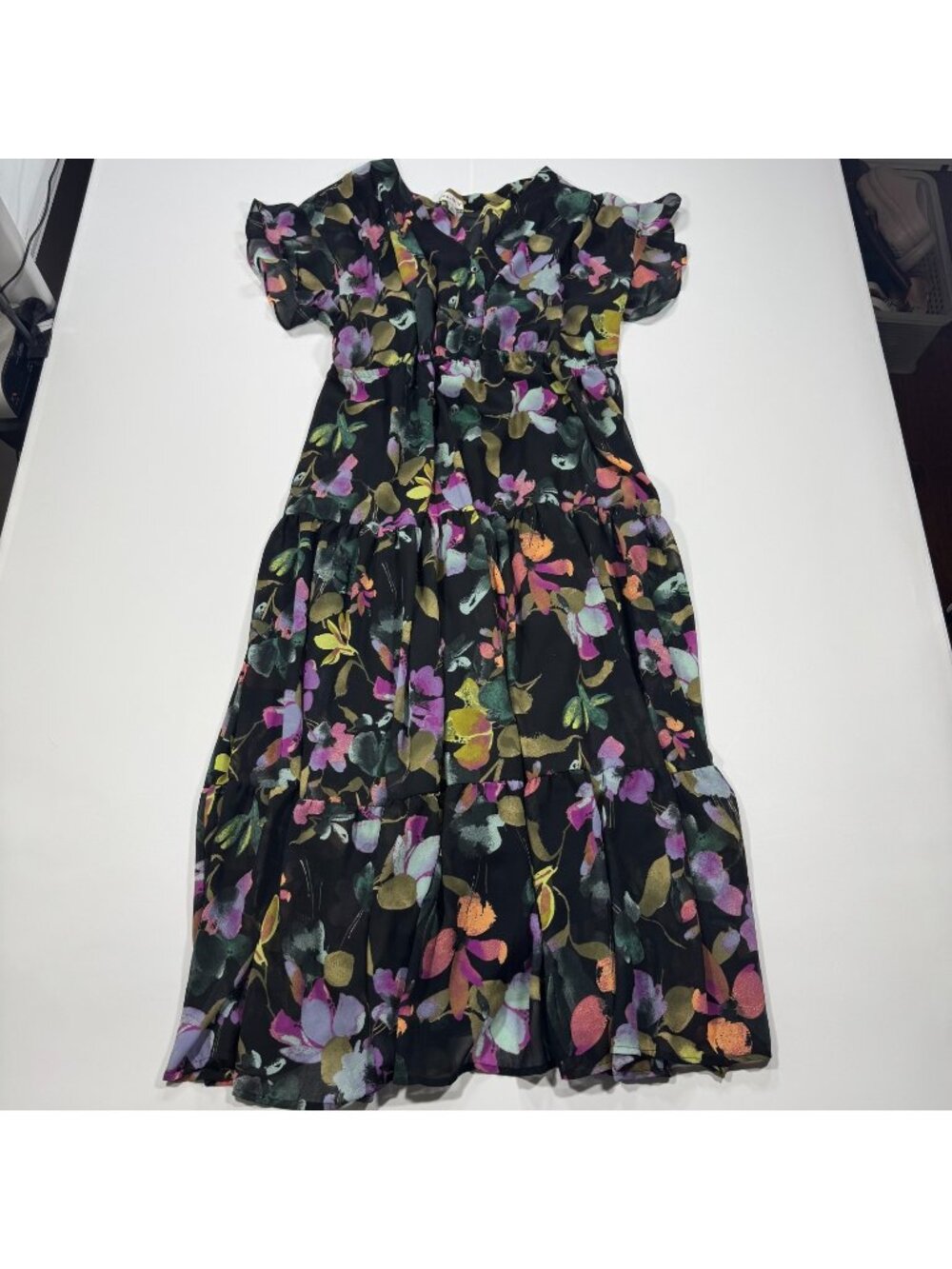 Ava & Viv Dress Women's 2X Black Floral Polyester Maxi Pleated Flutter Sleeve